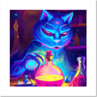 Blue Cat with a Third Eye Performs Alchemical Experiments Posters and Art